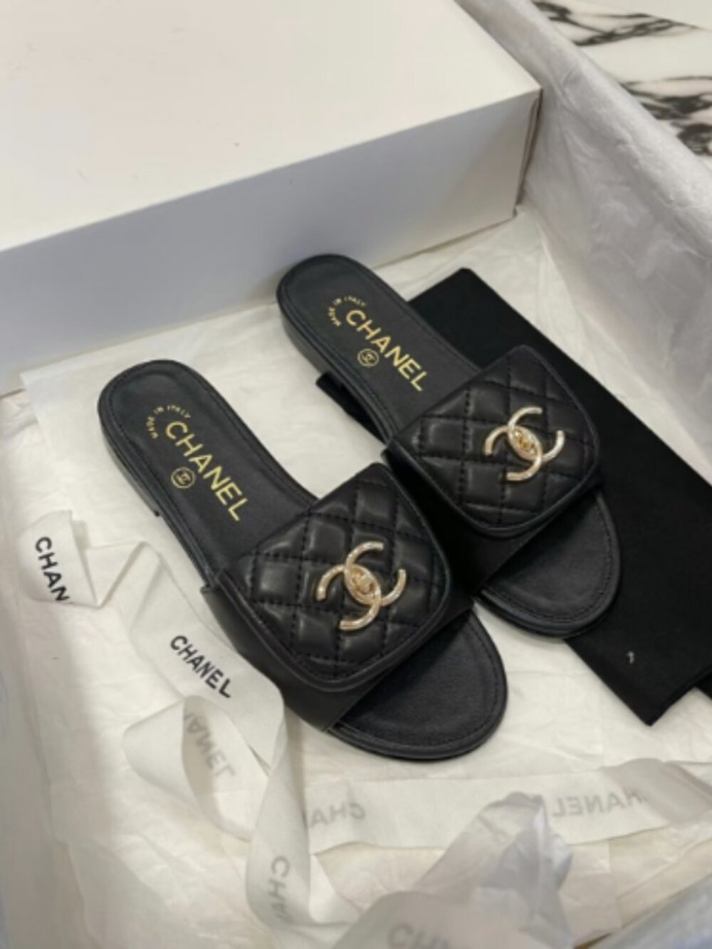 Chanel Black Quilted Leather CC Turnlock Slide Sandals